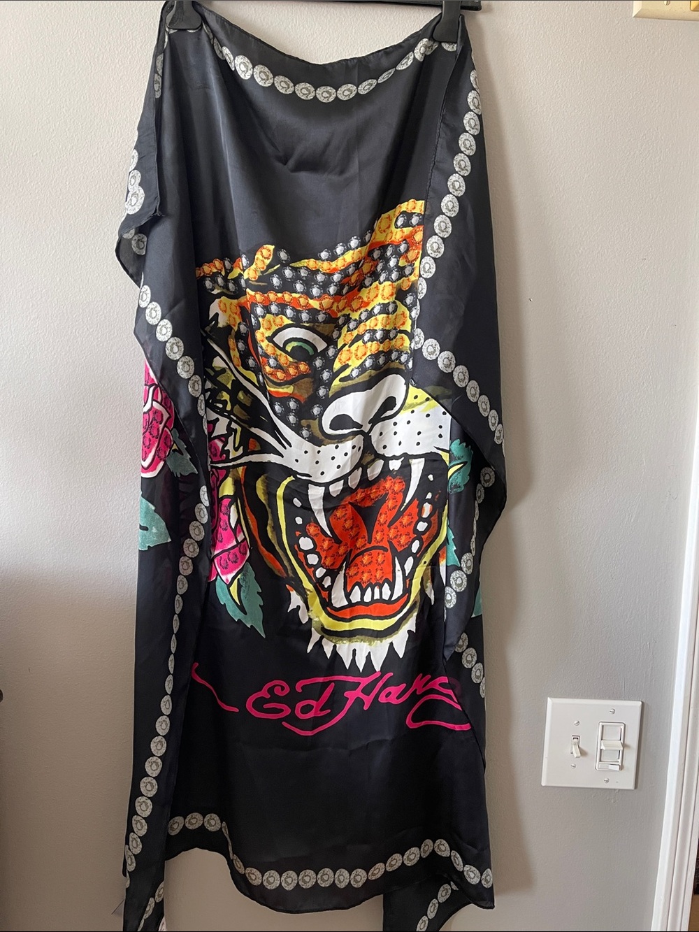 Ed Hardy Black Scarf with Vibrant Tiger and Rose Motif